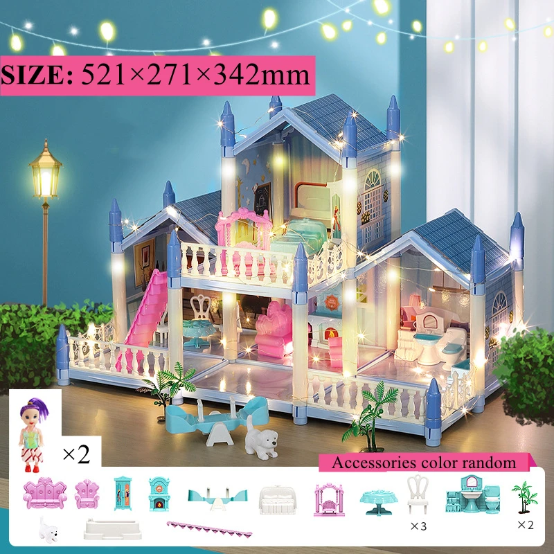 Prinzessin Villa Puppenhaus mit LED-Lichtern und Möbeln – CN , 5 Rooms-Blue