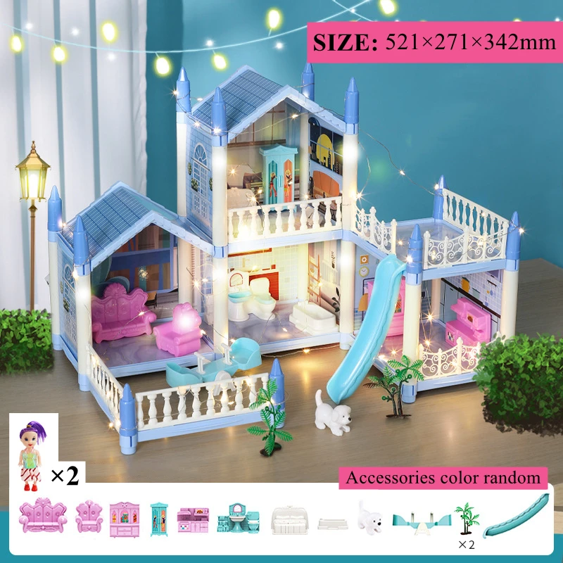 Prinzessin Villa Puppenhaus mit LED-Lichtern und Möbeln – CN , 4 Rooms-Blue