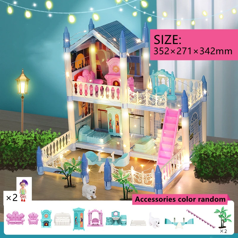 Prinzessin Villa Puppenhaus mit LED-Lichtern und Möbeln – CN , 3 Rooms-Blue