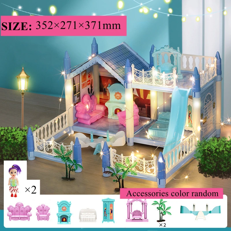 Prinzessin Villa Puppenhaus mit LED-Lichtern und Möbeln – CN , 2 Rooms-Blue