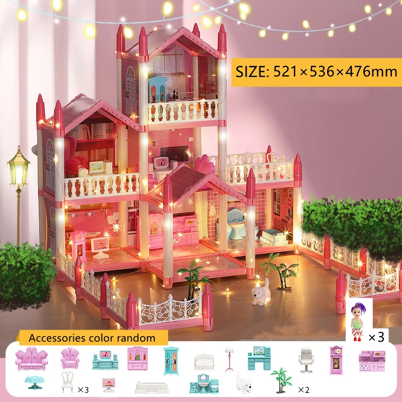 Prinzessin Villa Puppenhaus mit LED-Lichtern und Möbeln – CN , 7 Rooms-Pink