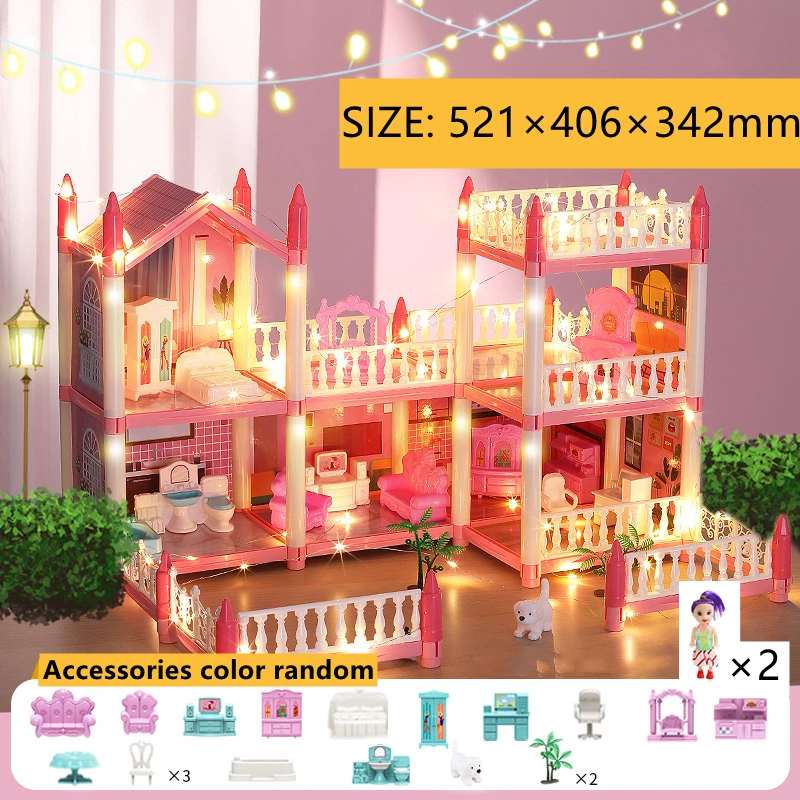Prinzessin Villa Puppenhaus mit LED-Lichtern und Möbeln – CN , 6 Rooms-Pink