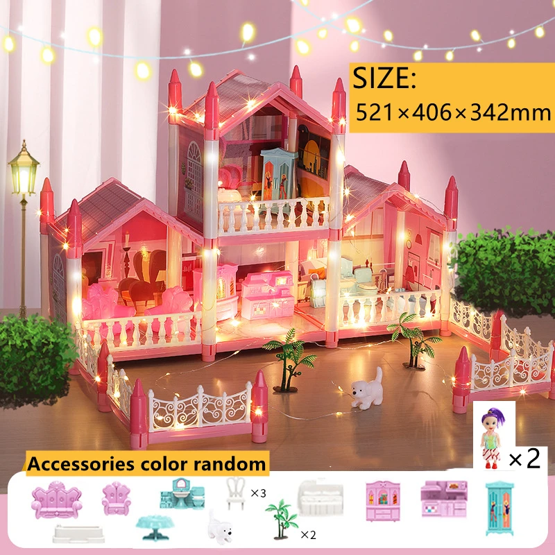 Prinzessin Villa Puppenhaus mit LED-Lichtern und Möbeln – CN , 4 Rooms-Pink