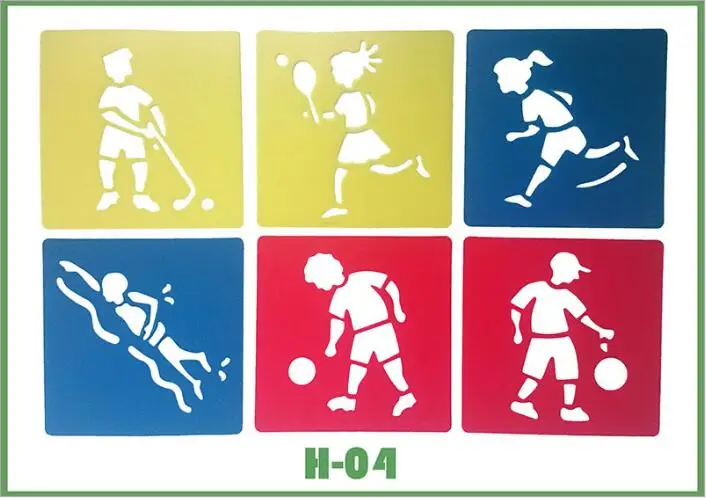 6-teiliges Set aus Plastik-Zeichenschablonen für Kinder – H 04 Sports