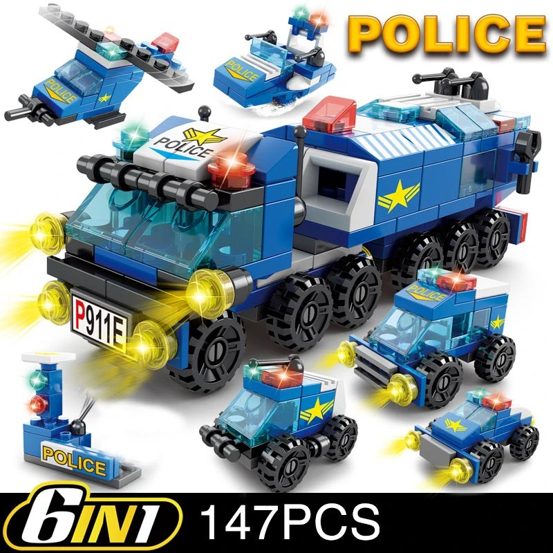 6-in-1 Polizei-Sportwagen und Feuerwehrmodell-Bausatz für Kinder – opp bag 147pcs