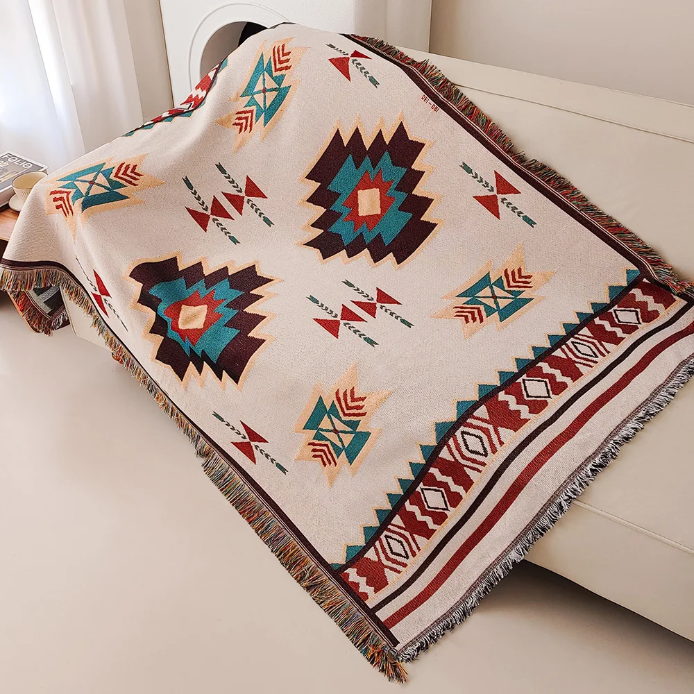 Gemütliche Azteken-Decke – Übergröße Boho-Wurfdecke mit Fransen