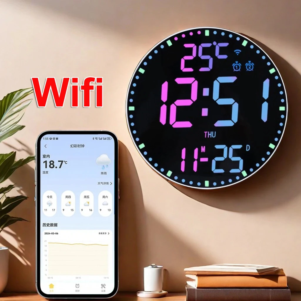 Smartes WLAN LED Wanduhren-Set mit Temperatur- und Datumsanzeige