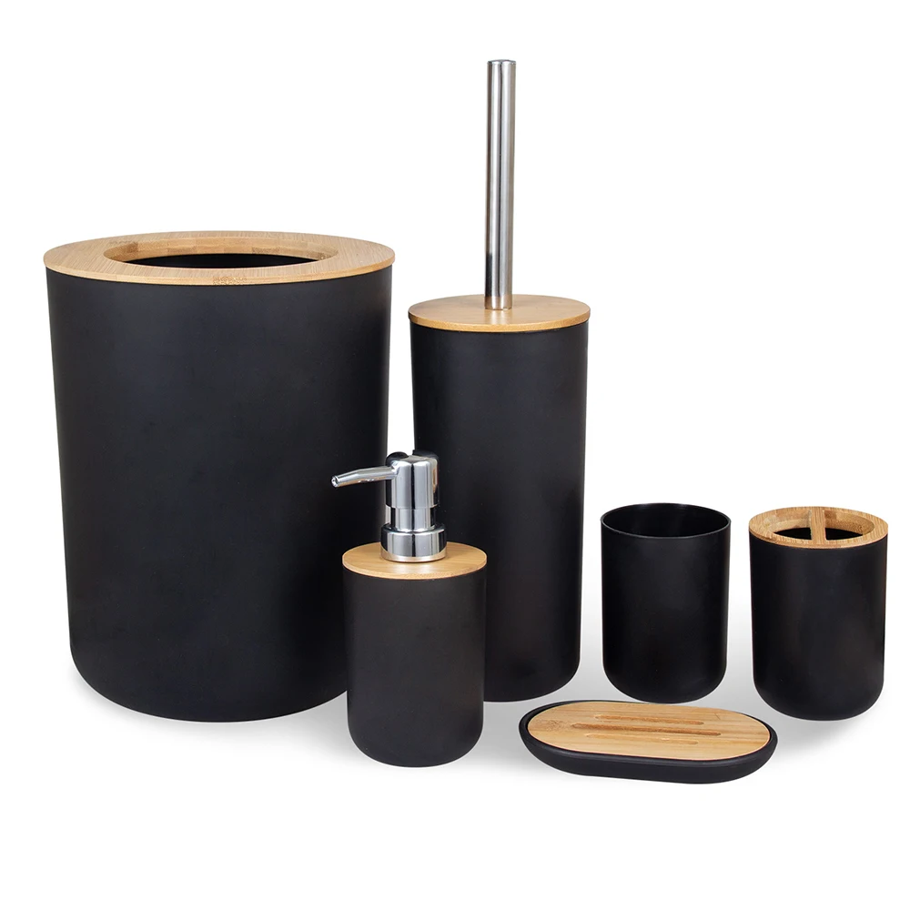 Bambus Badezimmer-Set: Seifenspender, Toilettenbürste und mehr – Black