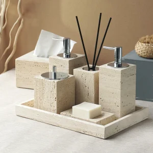 Beiges Travertin Badezimmer Zubehör Set mit Seifenspender und Diffuser
