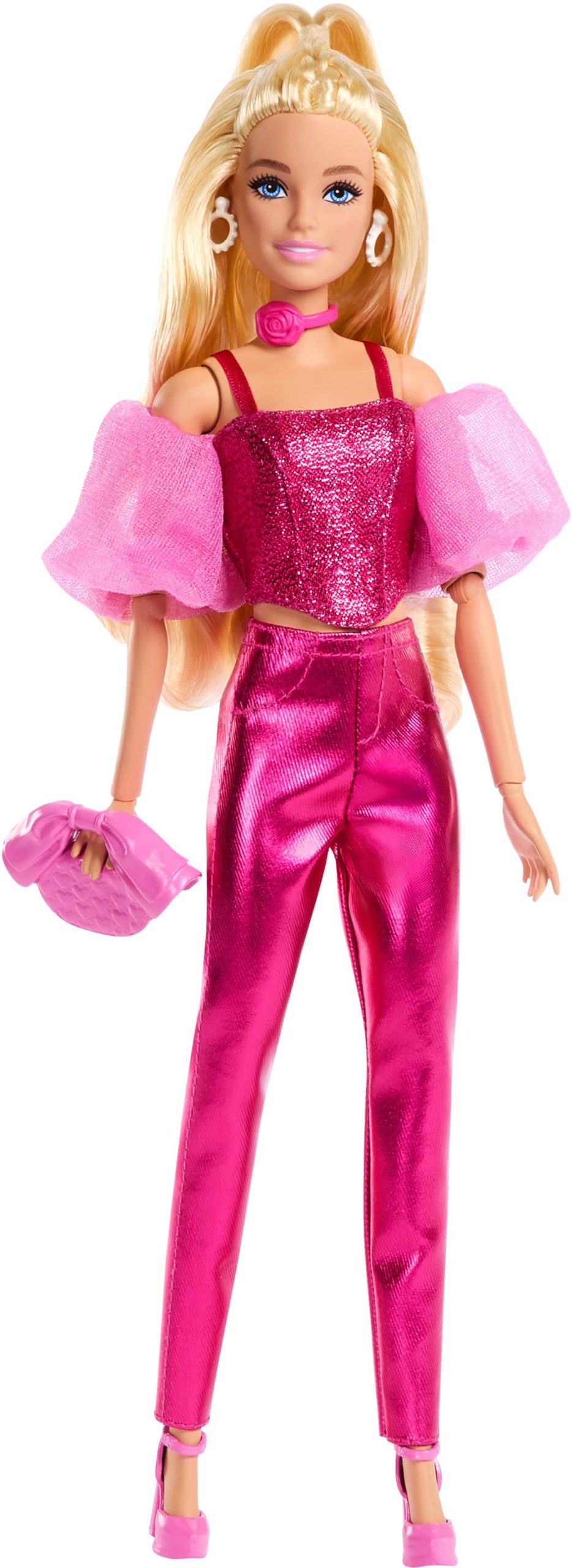 Barbie Deluxe Style-Modepuppe #5 in rosafarbenem Metallic-Outfit mit Korsett-Top und Accessoires, blond