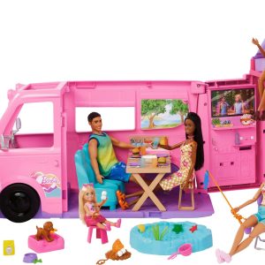 Barbie Super Abenteuer-Camper Spielset mit Dachzelt, Grill mit Farbwechseleffekt und über 60 Zubehörteilen