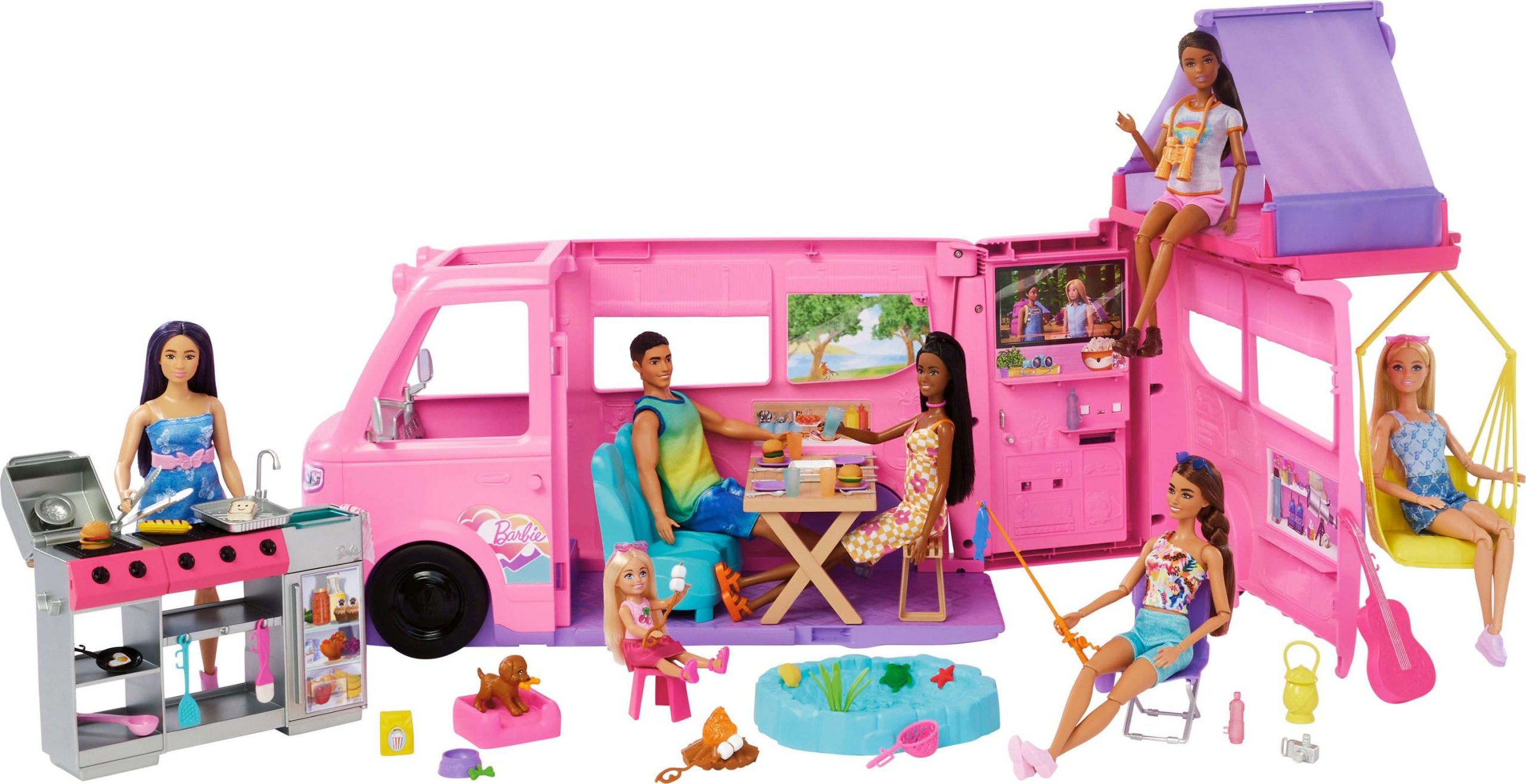 Barbie Super Abenteuer-Camper Spielset mit Dachzelt, Grill mit Farbwechseleffekt und über 60 Zubehörteilen