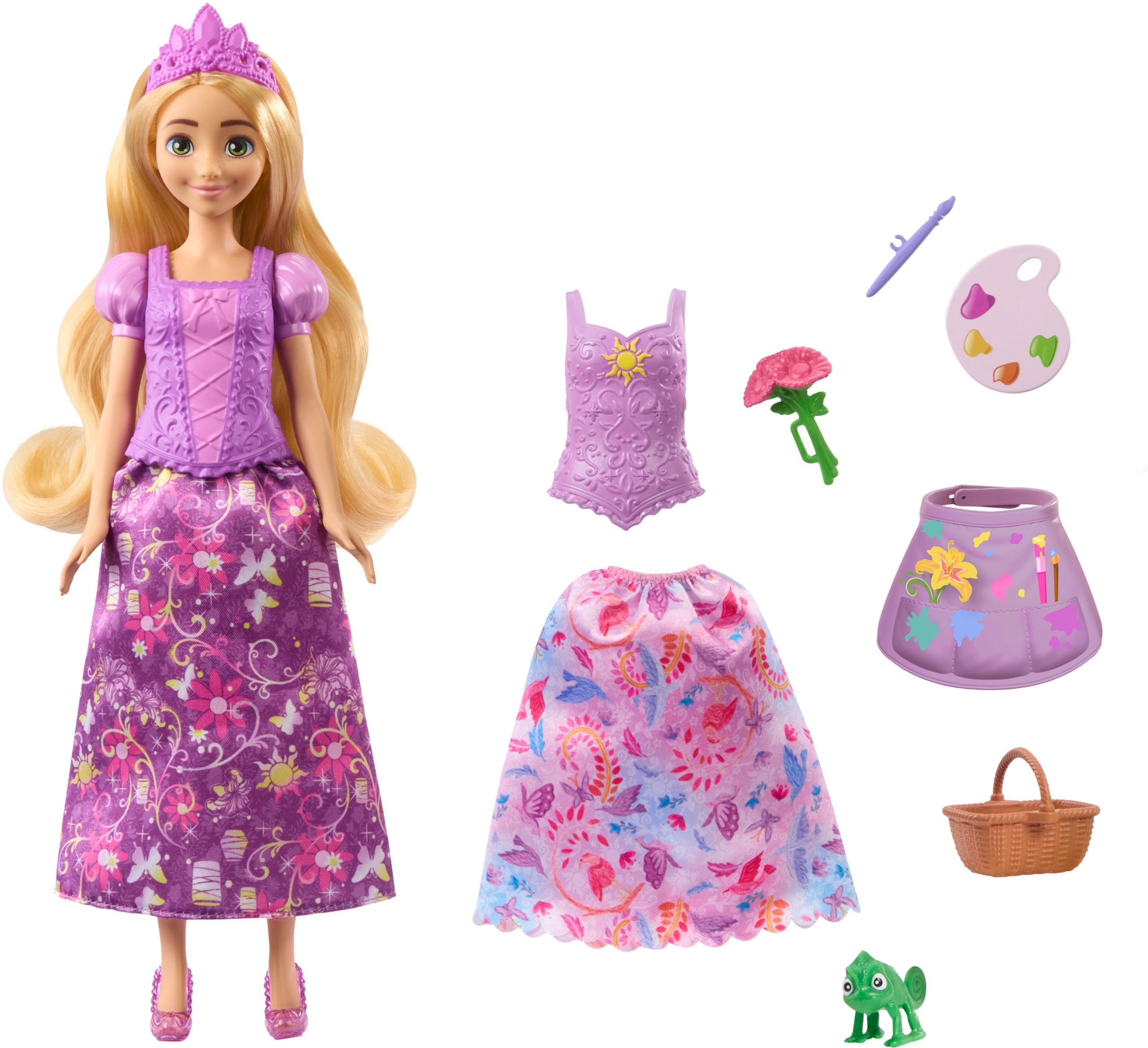 Disney Princess 2-in-1-Geschichten Rapunzel-Modepuppe mit 2 Oberteilen zum Anklipsen, 2 Röcken und 9 Accessoires