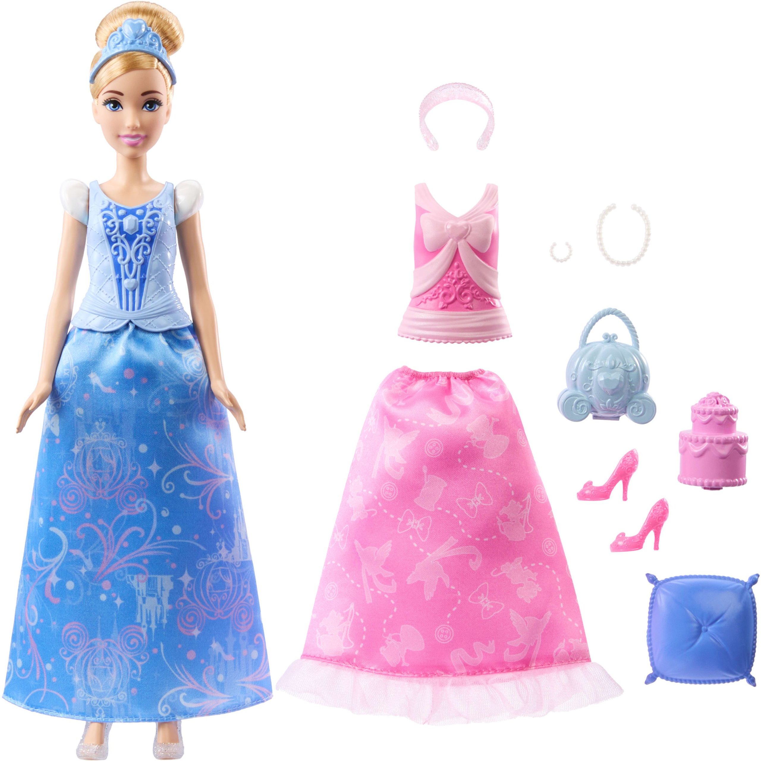 Disney Princess 2-in-1-Geschichten Cinderella-Modepuppe mit 2 Oberteilen zum Anklipsen, 2 Röcken und 9 Accessoires