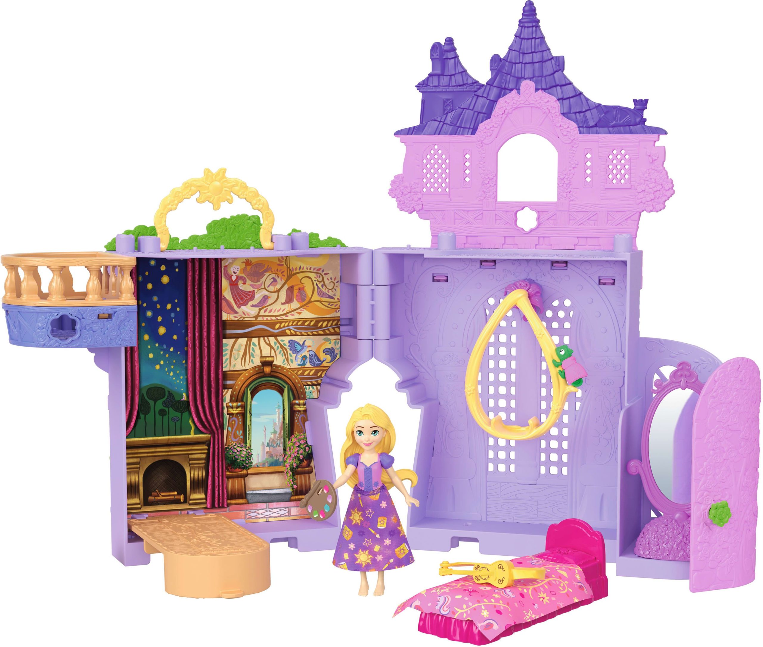 Mattel Disney Princess Rapunzel Storytime Stackers Puppenhaus mit kleiner Puppe, Pascal-Figur und 7 Zubehörteilen