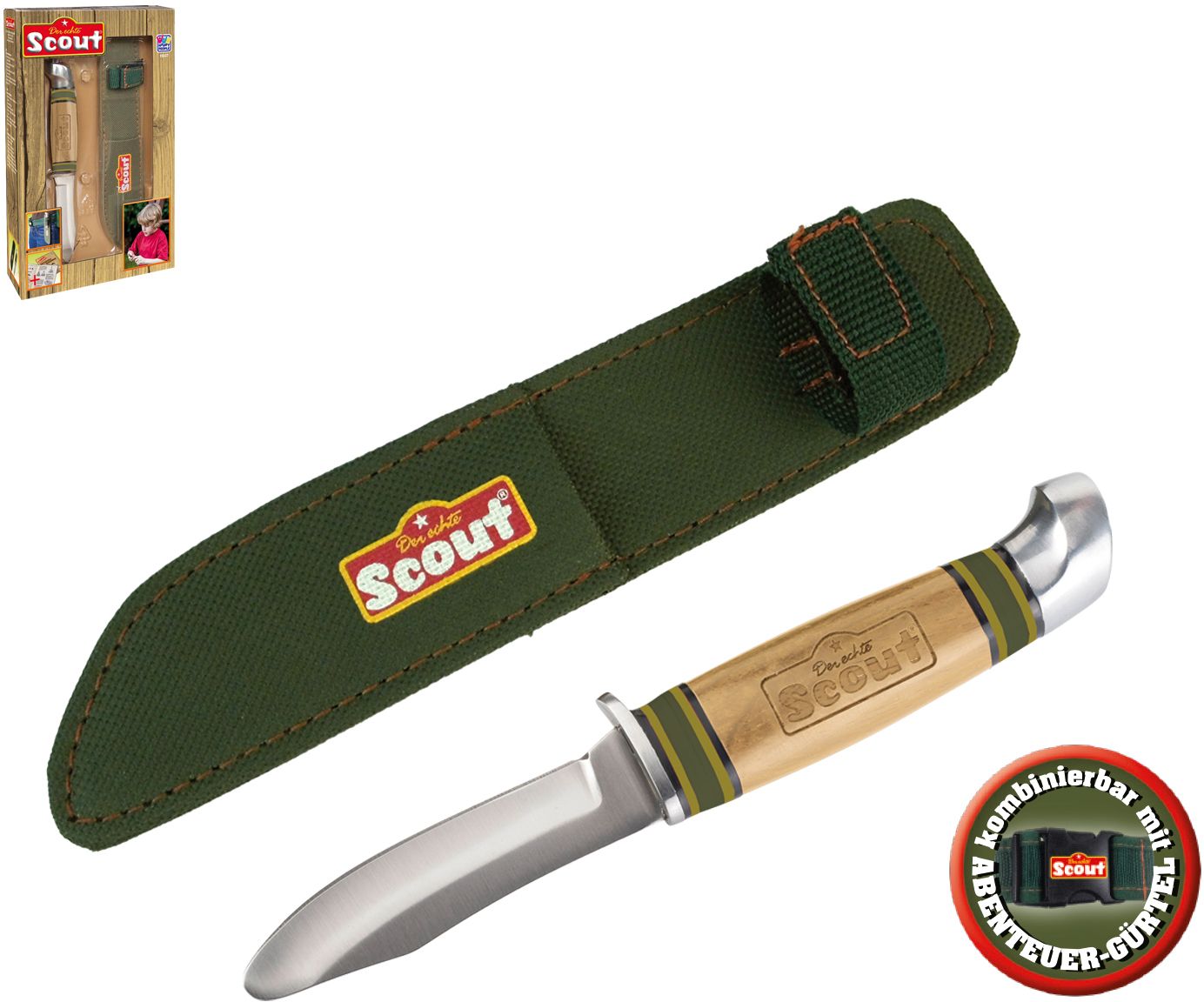 SCOUT Schnitzmesser mit abgerundeter Spitze, aus rostfreiem Edelstahl, Holzgriff, im Nylonetui mit Gürtelschlaufe