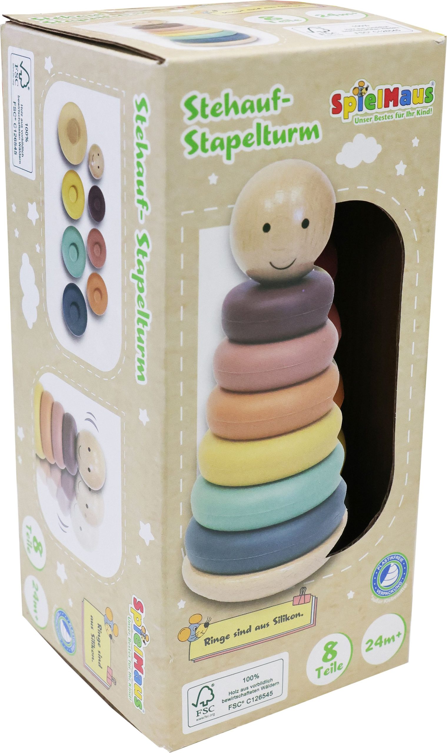 SpielMaus Holz Stehauf-Stapelturm, Silikon, 8 Teile - Spiele Max