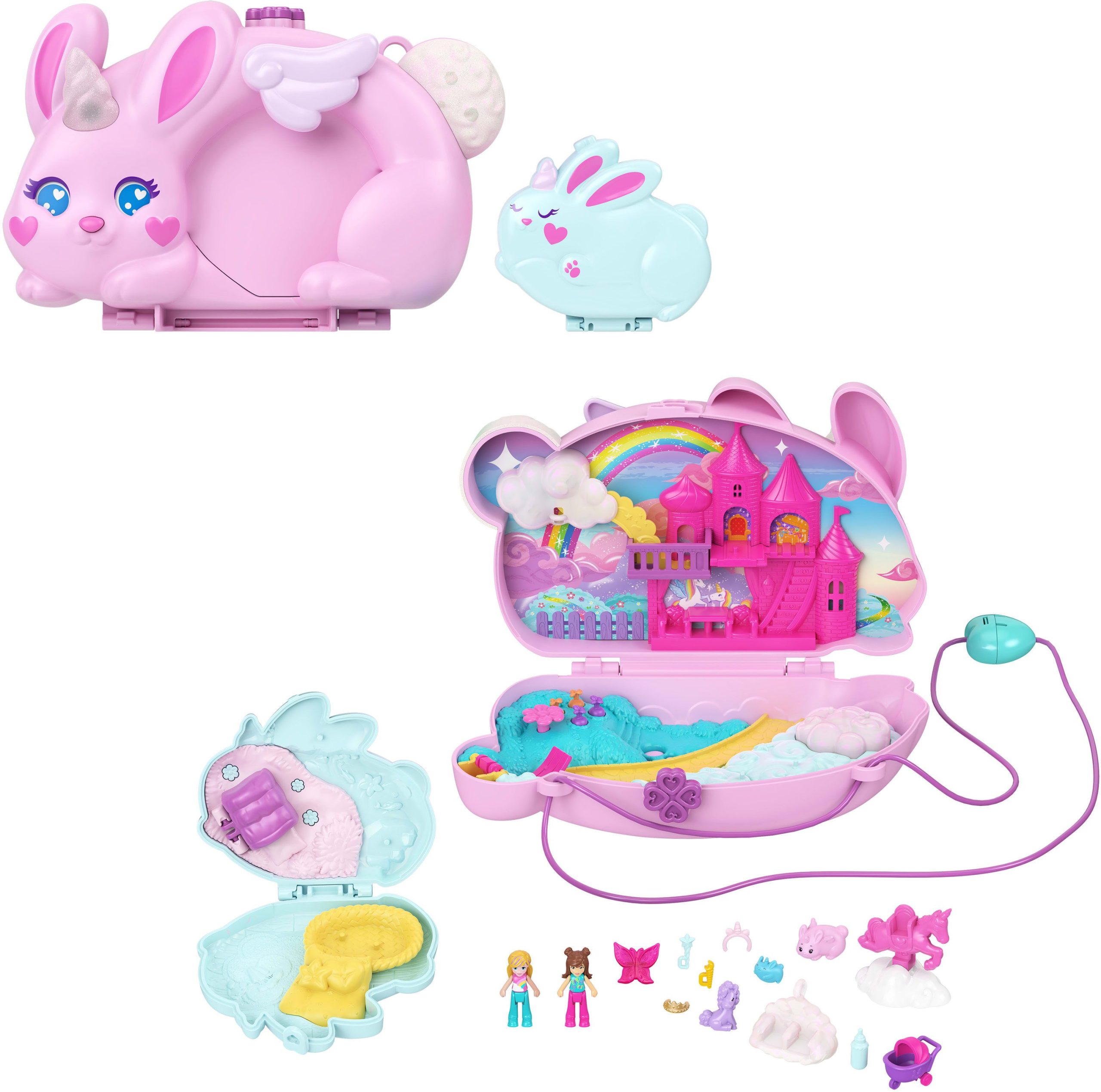 Polly Pocket 2-in-1-Bunny Fun Schatulle, tragbares Taschen-Spielset mit