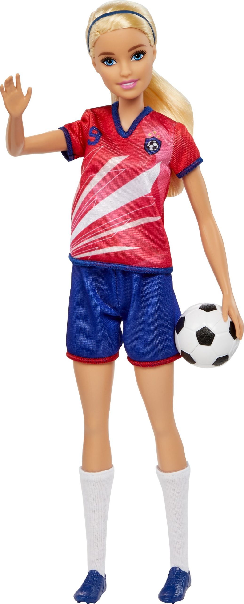 Barbie Fußballspielerin-Puppe, blond, Trikot mit der Nummer 9, Fußball, Stollenschuhe, Stutzen, für Kinder ab 3 Jahre