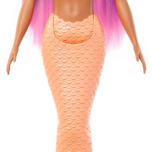 Barbie Meerjungfrau-Puppe mit pinkfarbenem Haar, weicher orangefarbener Schwanzflosse und Haarband