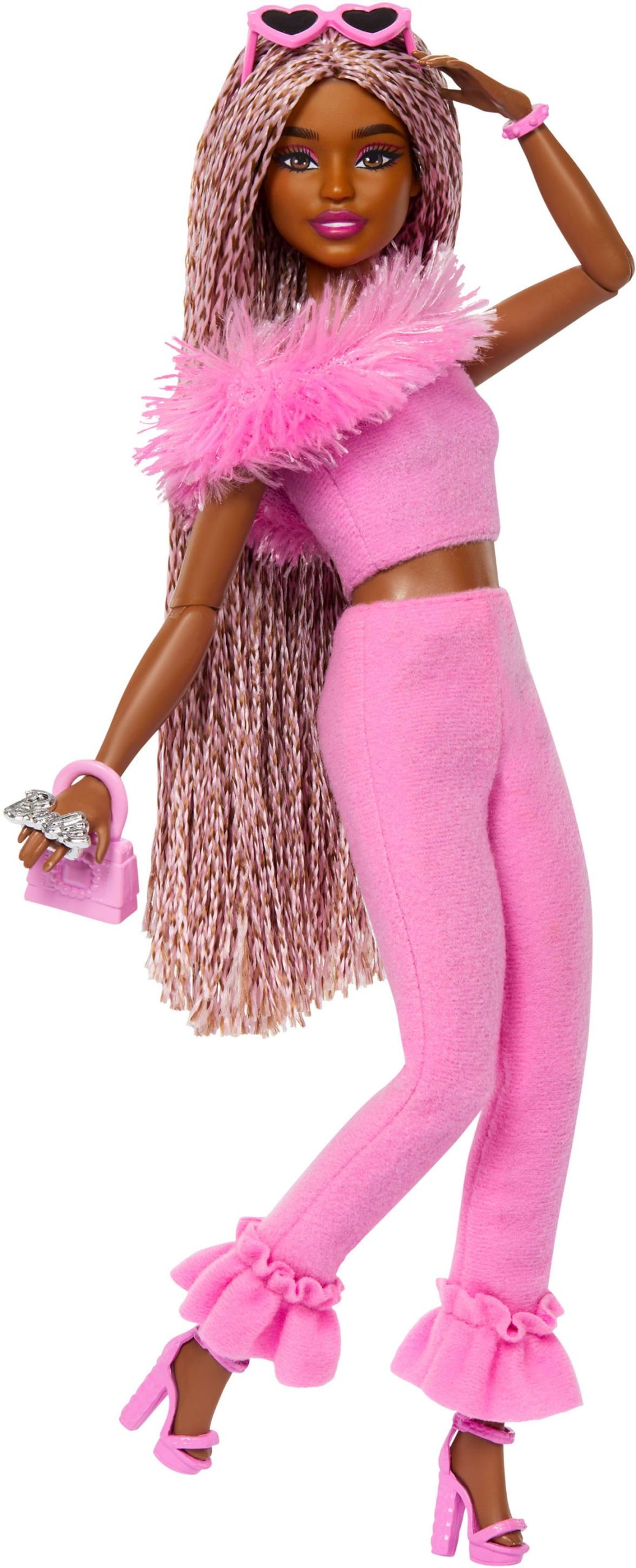 Barbie Deluxe Style-Puppe Nr. 4 mit weichem rosafarbenem Jumpsuit und rosa und braunen geflochtenen Zöpfchen