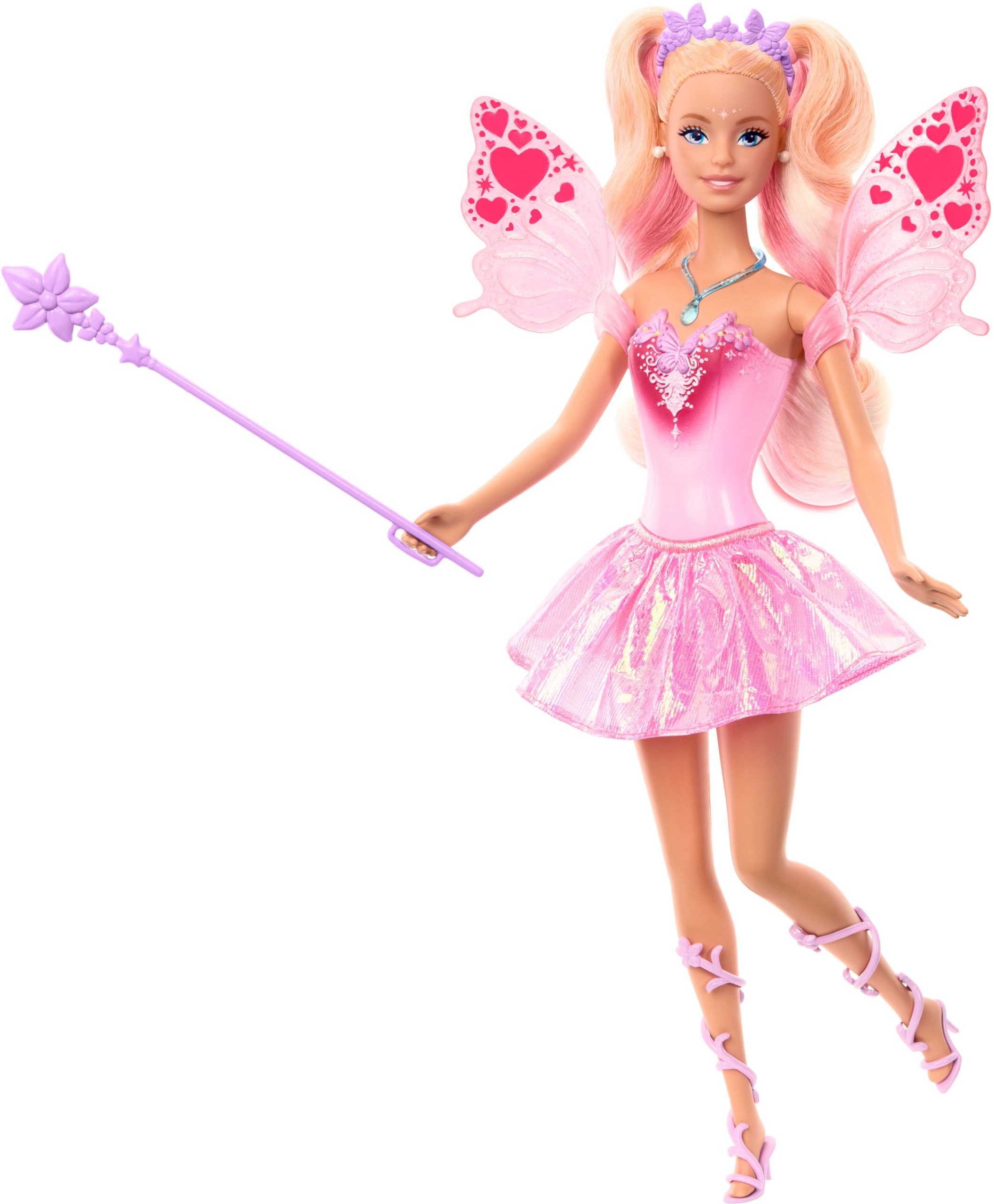Barbie Fantasy Feenpuppe mit Farbwechsel-Flügeln und -Outfit, Spielzeugzauberstab mit Schwamm und Mode-Accessoires