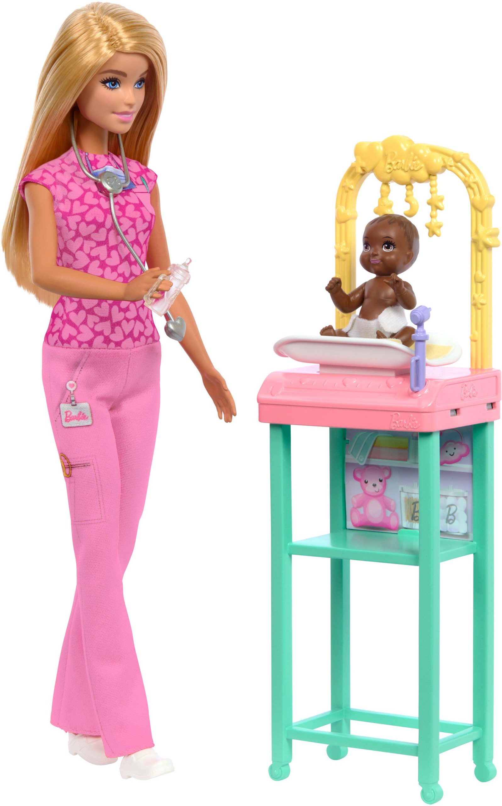 Barbie Kinderärztin-Puppe mit blonder Modepuppe, 1 Baby-Patientenpuppe, Möbel und Zubehör