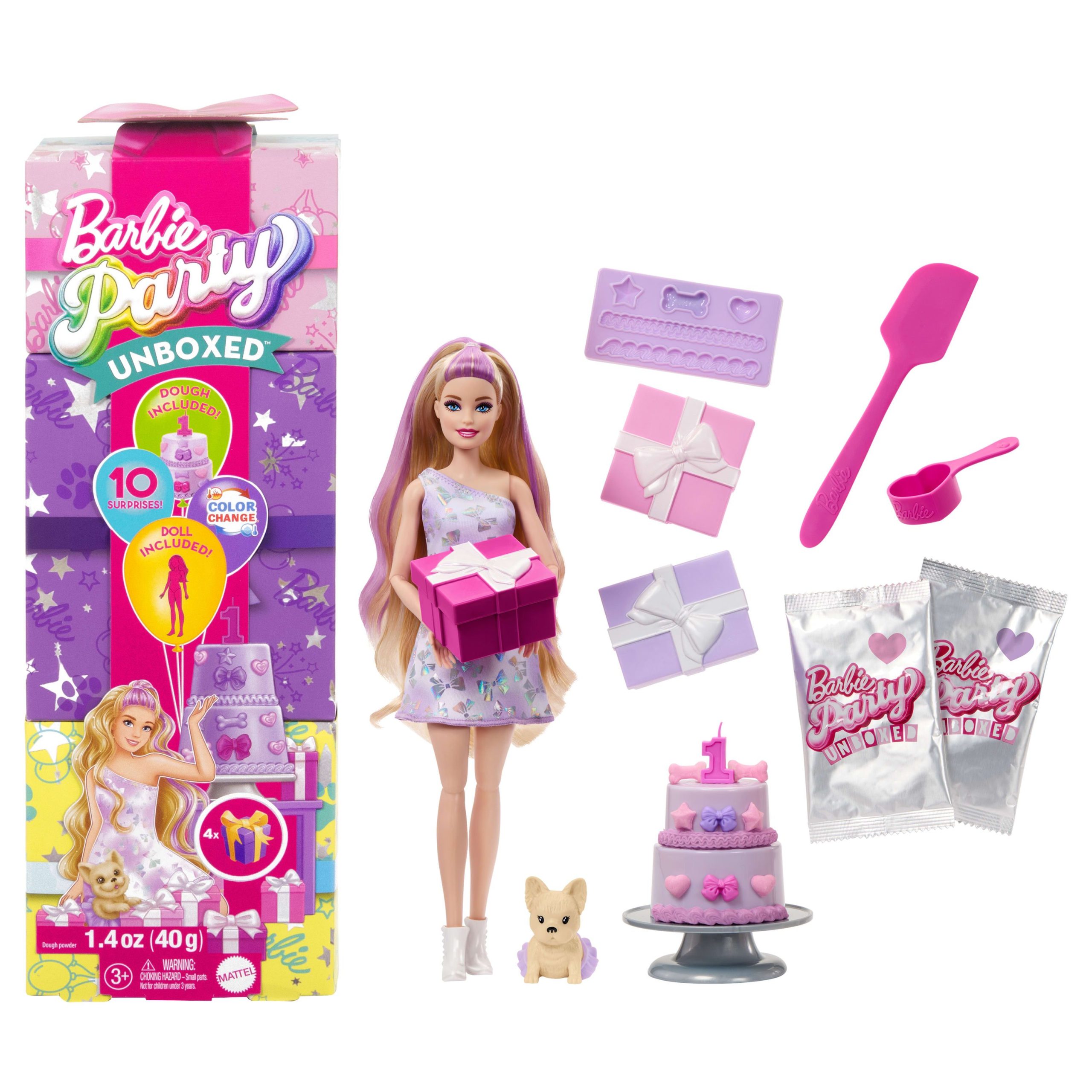 Barbie Party Unboxed Haustier-Geburtstagsserie Puppe und Accessoires, Birthday Bows-Set mit 10 Überraschungen