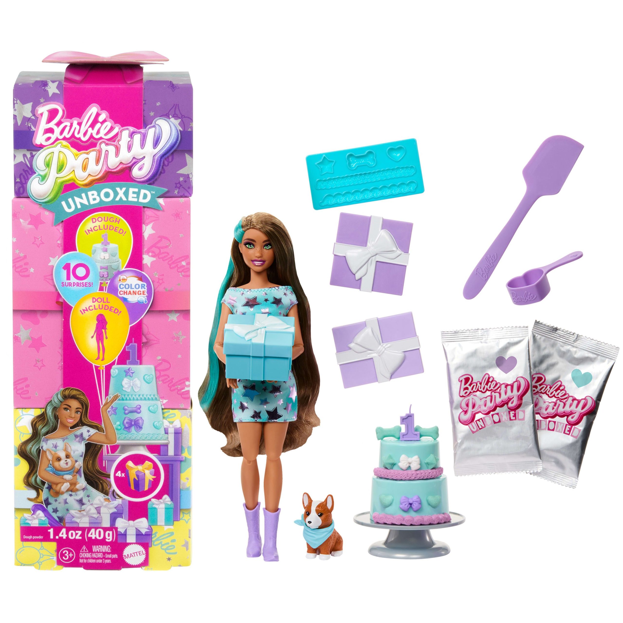 Barbie Party Unboxed Haustier-Geburtstagsserie Puppe und Accessoires, Party Stars-Set mit 10 Überraschungen