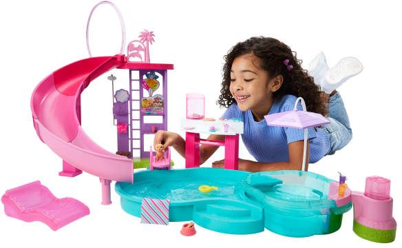 Barbie Traumpool Spielset mit Rutsche und schäumendem Whirlpool sowie über 20 Zubehörteilen wie Haustier, Schwimmringe