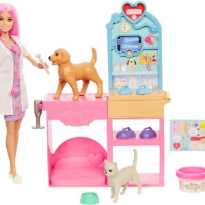 Barbie Gute Besserung Tierkrankenstation-Spielset aus Modepuppe mit rosa gefärbten Haaren, Tierarzt-Möbeln und mehr al