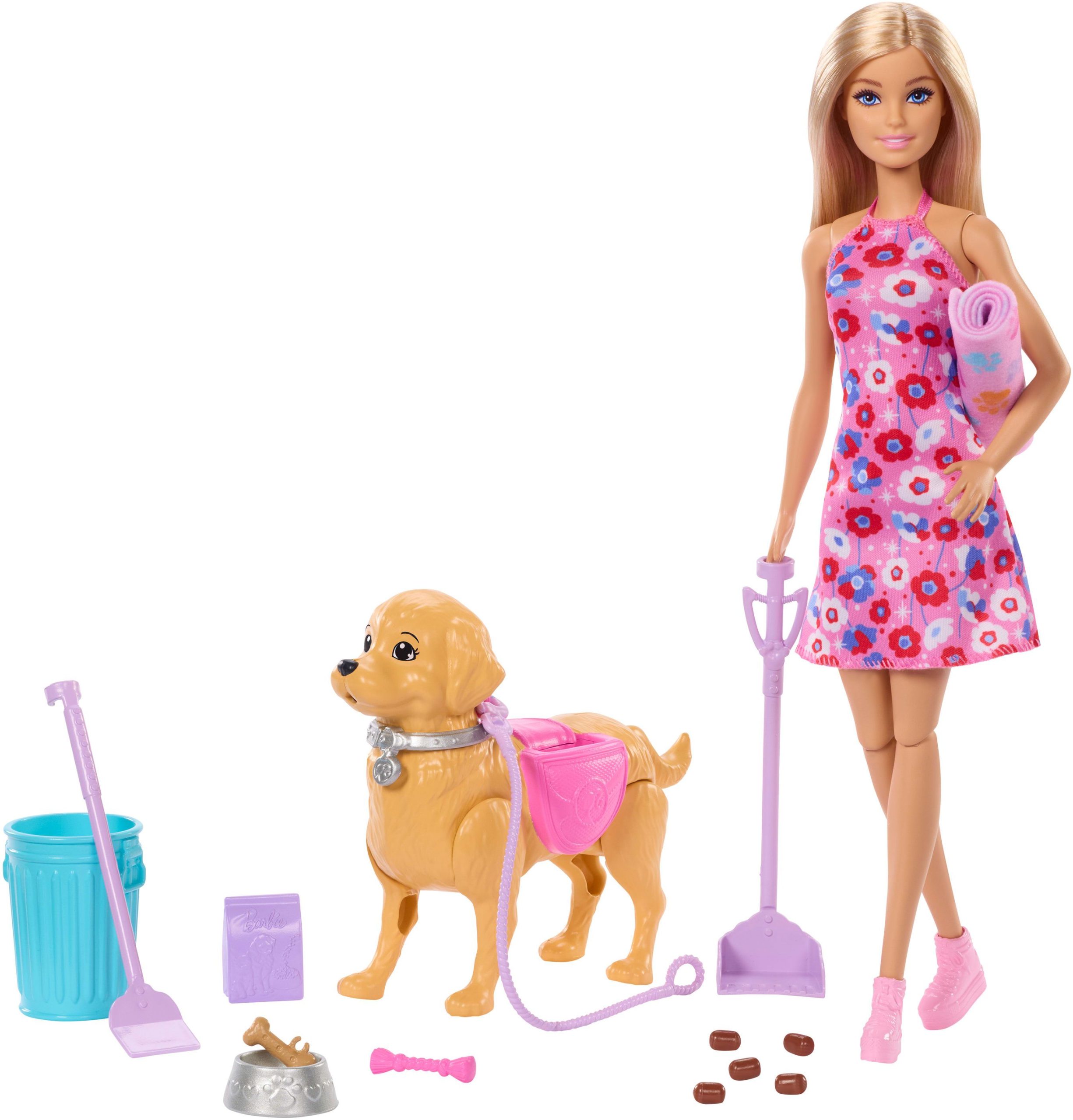 Barbie Malibu Hundespaziergang Spielset, enthält Puppe, Hund zum Spazierengehen und Häufchenmachen & Zubehör