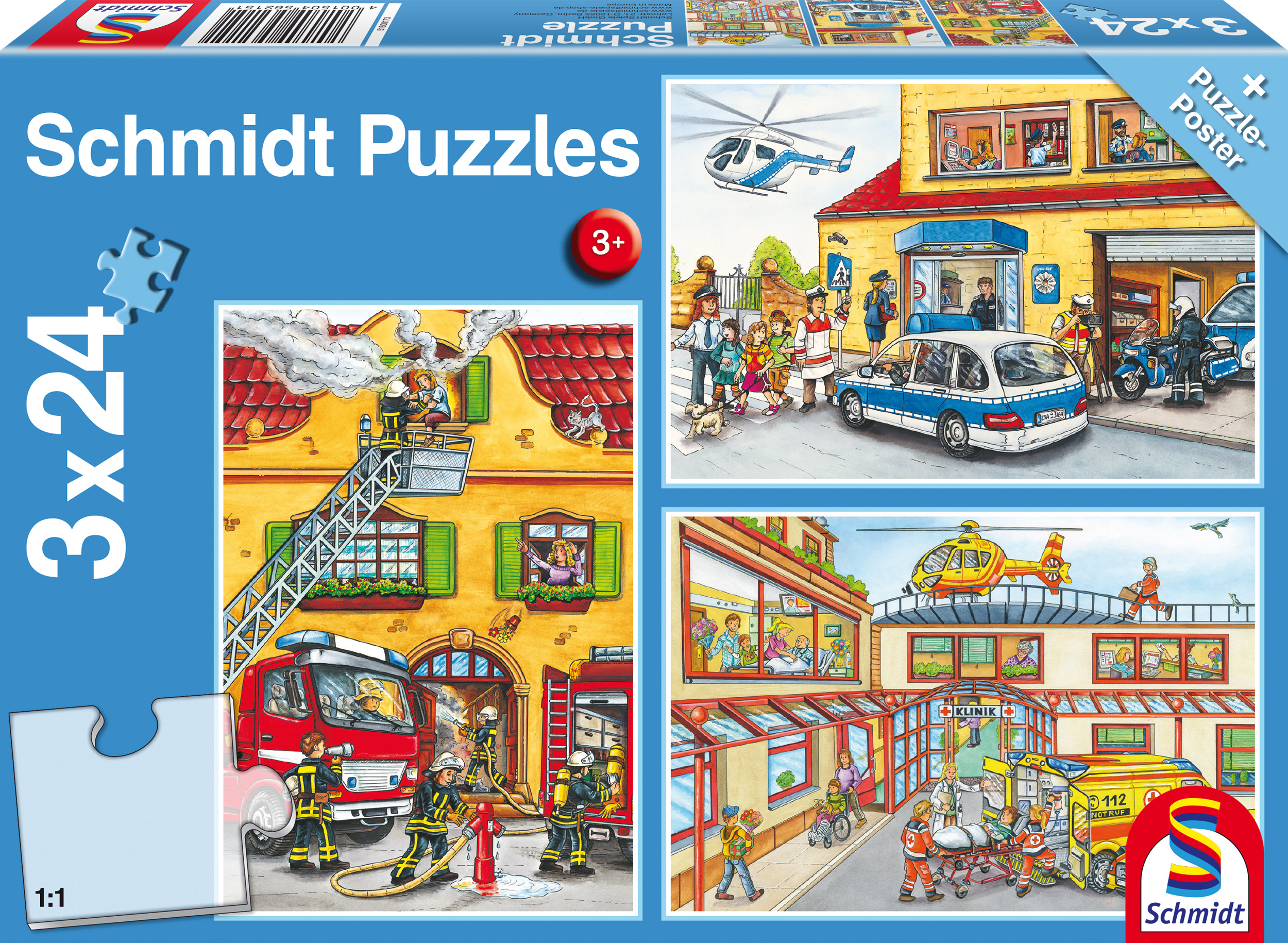 Schmidt Spiele Kinderpuzzle Feuerwehr und Polizei, 3×24 Teile
