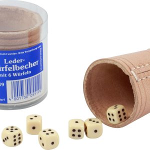 Leder-Würfelb. natur 5 cm+6 Würfel, Dose