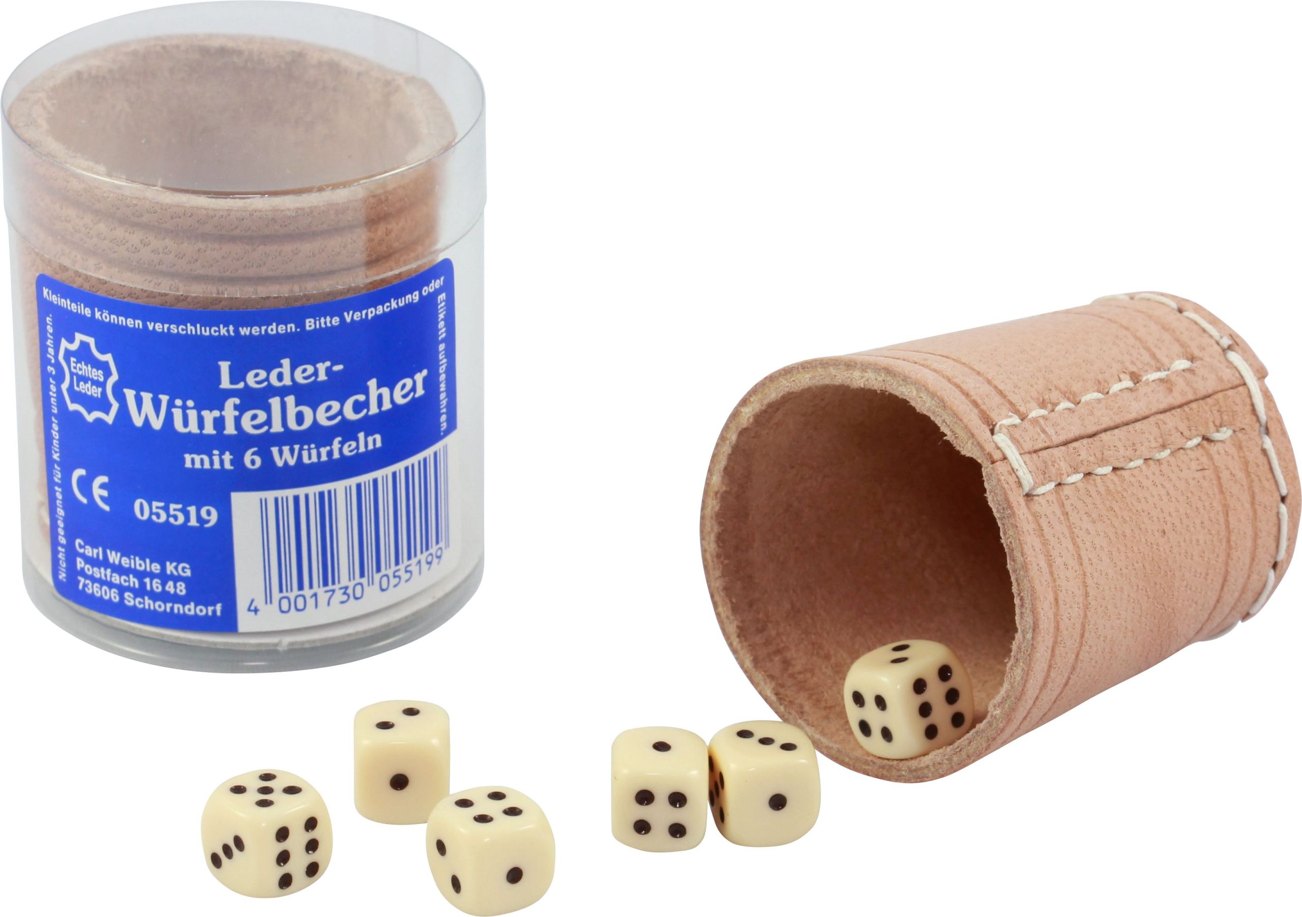 Leder-Würfelb. natur 5 cm+6 Würfel, Dose