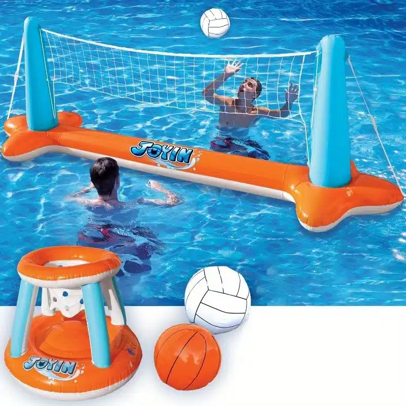 Sloosh aufblasbares blaues Poolspiel-Set mit Volleyballnetz und Basketballkorb