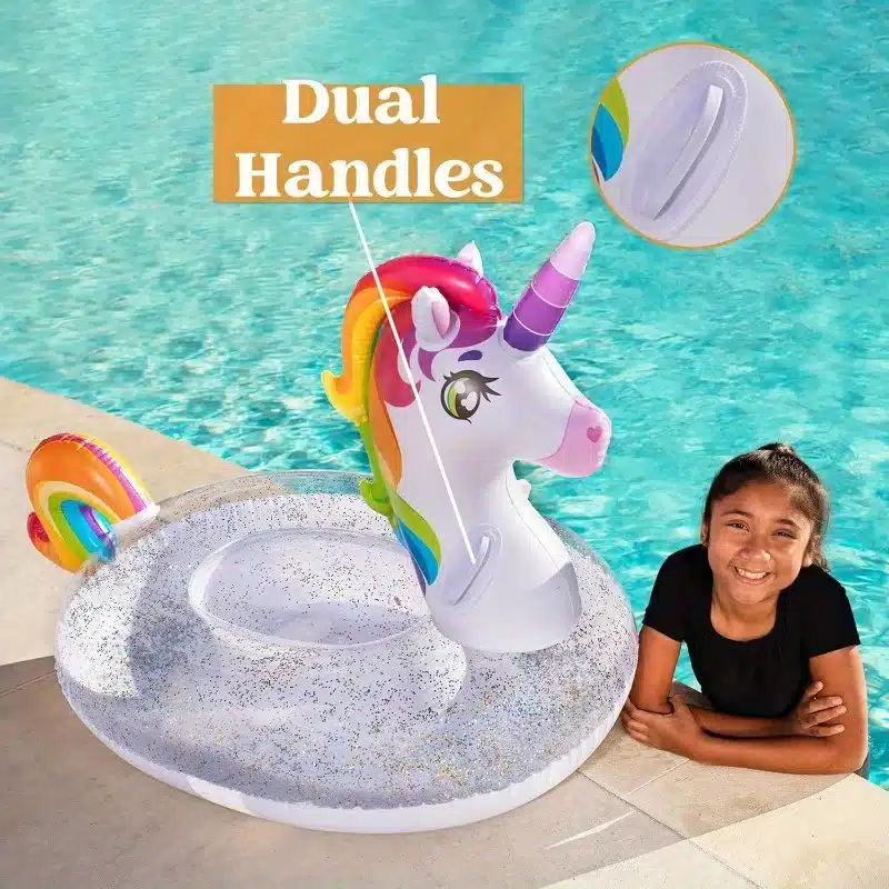 Bunter großer Einhorn Schwimmreifen mit Glitzer und zwei Griffen – Bild 4