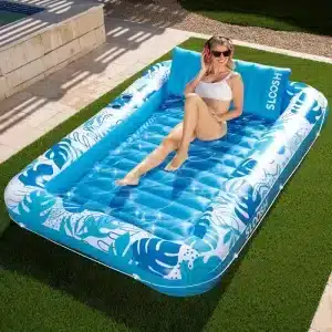 Sloosh extra großer blauer Pool-Liegekomfort mit Kopfkissen und Getränkehaltern - 215 x 145 cm