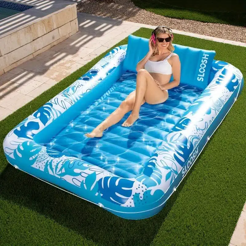 Sloosh extra großer blauer Pool-Liegekomfort mit Kopfkissen und Getränkehaltern – 215 x 145 cm